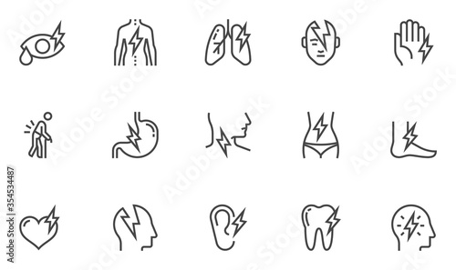 Pain Vector Line Icons. Headache, Heartache, Stomachache, Soreness, Limb Injuries, Trauma. Editable Stroke. 48x48 Pixel Perfect.
