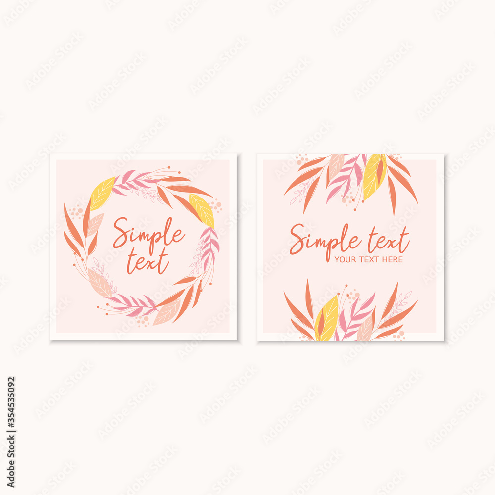 Botanical templates card with pink flowers and leaves. Social media card design with space for text.