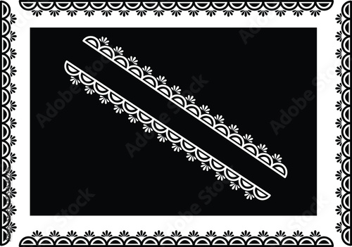 Curved Shapes, Flowers and Lines - Indian Traditional and Cultural Border design of Rangoli, Alpona, Kolam or Paisley vector line art with dark and white background photo