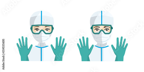 Young male and female doctors with sanitary protection against illness. Vector illustration