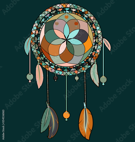vector illustration colored image of dreamcatcher with feathers