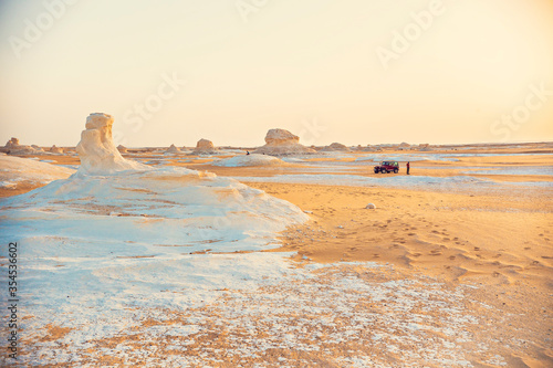 Jeep car in Sahara desert, White desert of Egypt (Farafra). photo