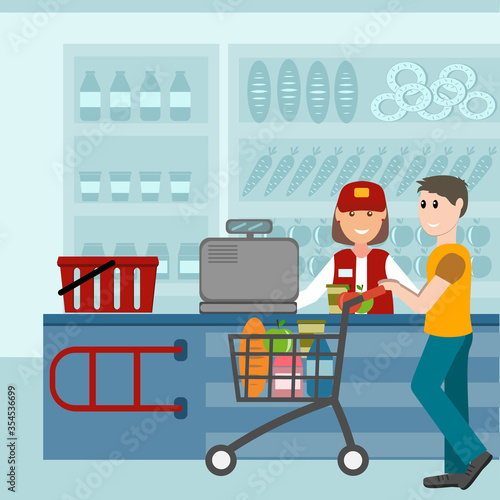 Male customer in a grocery store is calculated at the checkout, color vector illustration in flat style, design, decoration