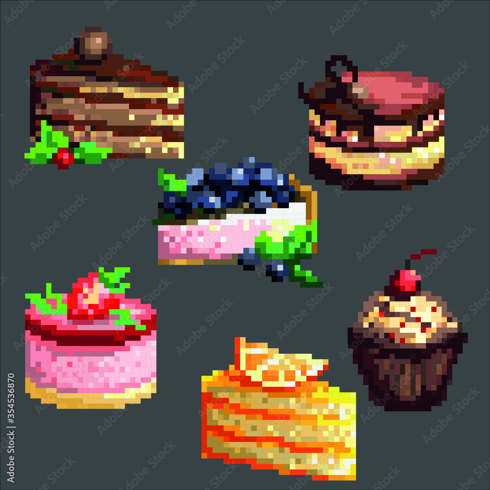 Set of vector cake. Pixel art. Cakes strawberry, blueberry, orange, cherry, chocolate. Print for children. Tasty food. Cute cakes. Stickers or video games. EPS 10
