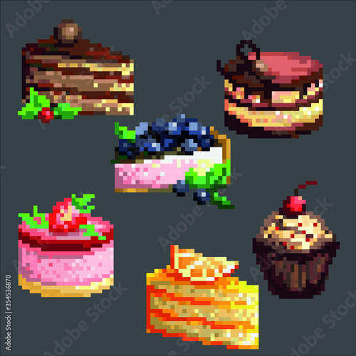 Set of vector cake. Pixel art. Cakes strawberry, blueberry, orange, cherry, chocolate. Print for children. Tasty food. Cute cakes. Stickers or video games. EPS 10
 photo