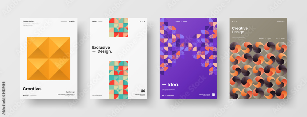 Naklejka premium Company identity brochure template collection. Business presentation vector A4 vertical orientation front page mock up set. Corporate report cover abstract geometric illustration design layout bundle.