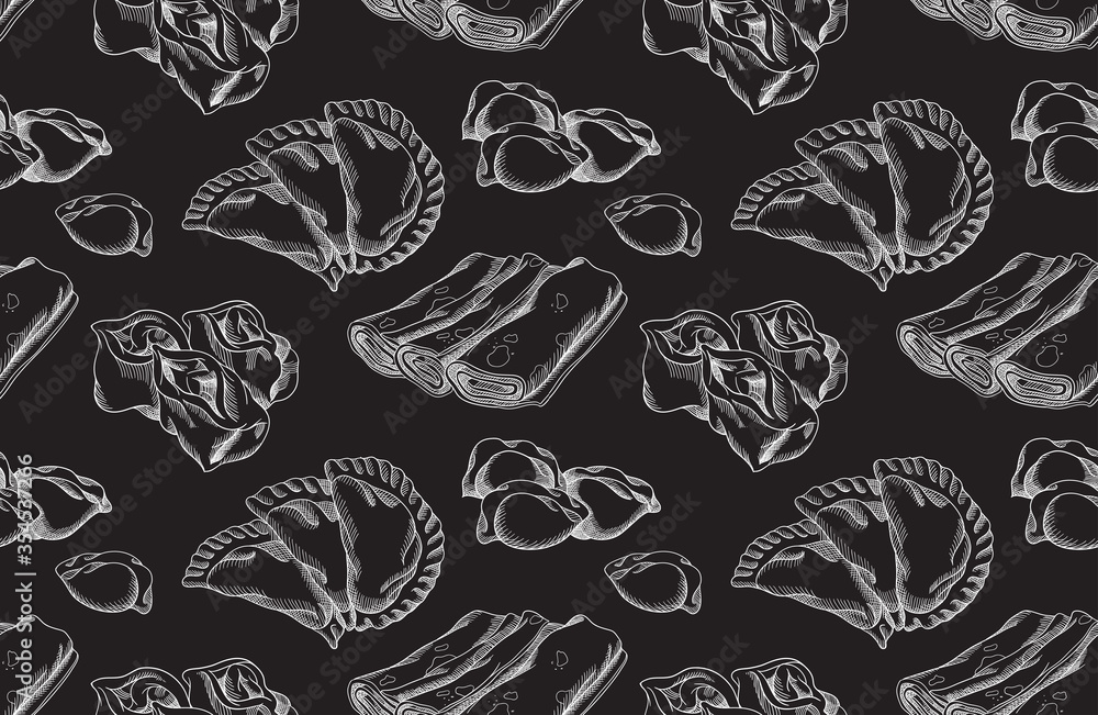 Vector seamless pattern. Manty, meat dumpling, pelmeni, jiaozi, pancake, crepe, pyanse or pigodi, khinkali, ravioli, Pierogi or varenyky. Vintage hand drawn style. Vector seamless pattern. Manty, meat dumpling, pelmeni, jiaozi, pancake, crepe, pyanse or pigodi, khinkali, ravioli, Pierogi or varenyky. Vintage hand drawn style.