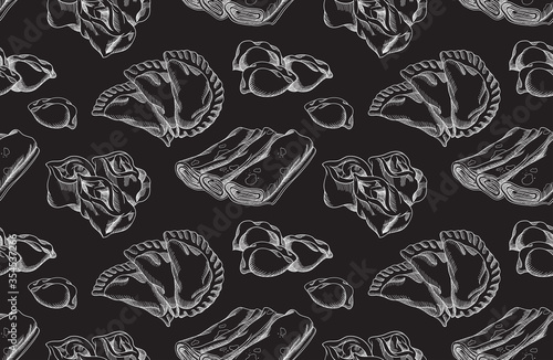 Vector seamless pattern. Manty, meat dumpling, pelmeni, jiaozi, pancake, crepe, pyanse or pigodi, khinkali, ravioli, Pierogi or varenyky. Vintage hand drawn style.