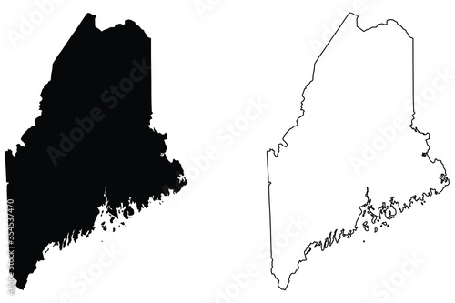 Maine ME state Maps. Black silhouette and outline isolated on a white background. EPS Vector