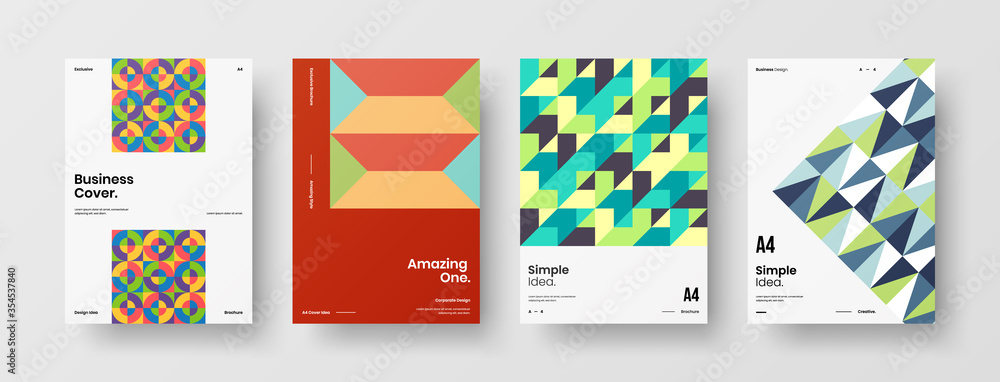 Fototapeta premium Company identity brochure template collection. Business presentation vector A4 vertical orientation front page mock up set. Corporate report cover abstract geometric illustration design layout bundle.