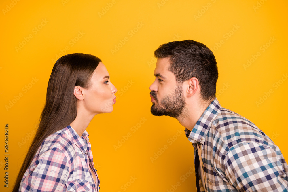 Profile side photo of passionate tender gentle two people man woman kiss copyspace enjoy valentine day holiday wear checkered plaid shirt isolated over bright shine color background Profile side photo of passionate tender gentle two people man woman kiss copyspace enjoy valentine day holiday wear checkered plaid shirt isolated over bright shine color background
