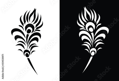 Simple vector line art of Peacock feather is isolated on Black and white background
