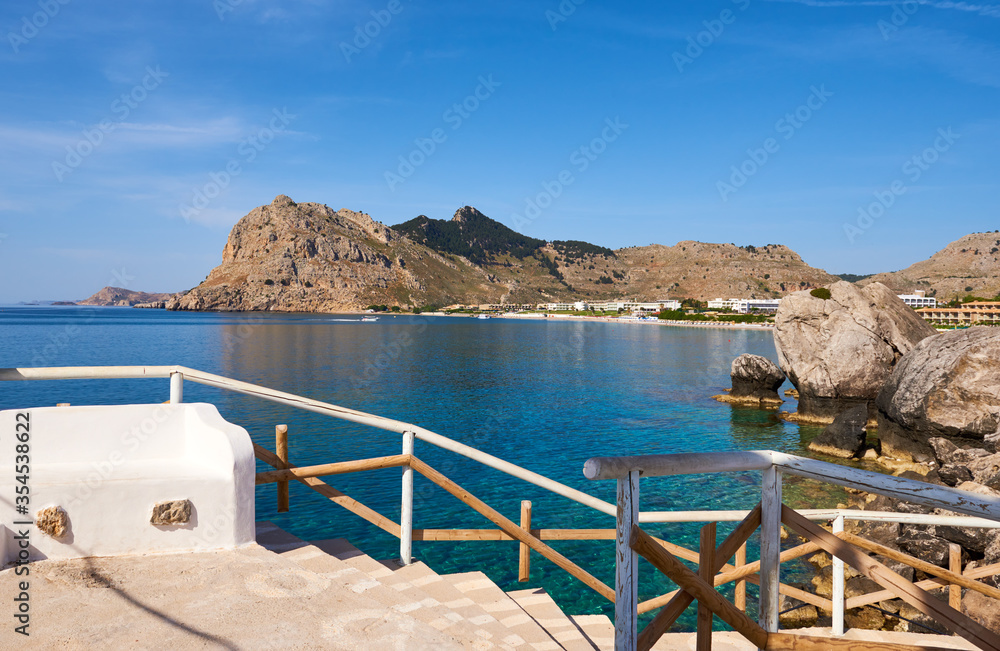 Naklejka premium Beautiful Kolymbia bay in sunny summer day. Rhodes island, Greece