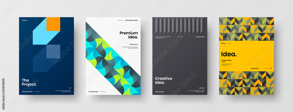 Fototapeta premium Company identity brochure template collection. Business presentation vector A4 vertical orientation front page mock up set. Corporate report cover abstract geometric illustration design layout bundle.