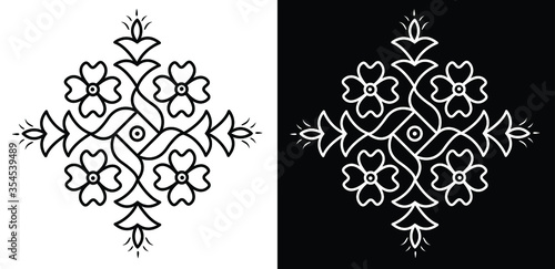 Floral Rangoli design with oil lamps isolated on black and white background 