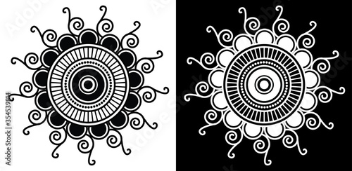 Indian Cultural Rangoli mandala design concept of petals lines and spirals isolated on black and white background