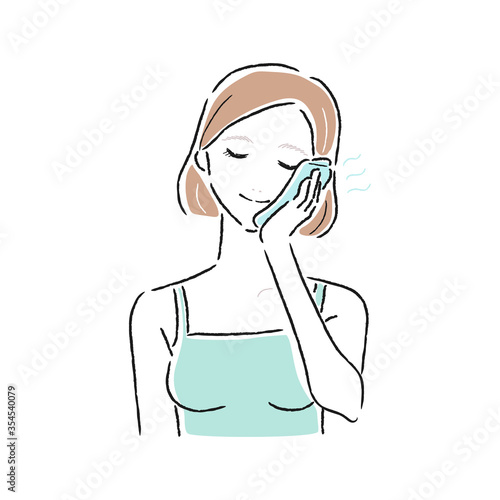 冷たいタオルで火照った肌をアイシングしてる若い女性のイラスト。