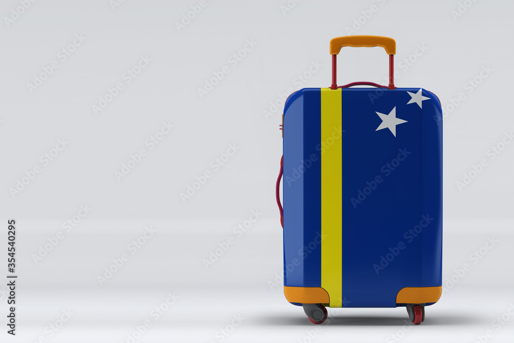 Curacao flag on a stylish suitcases back view on color background. Space for text. International travel and tourism concept. 3D rendering. Curacao flag on a stylish suitcases back view on color background. Space for text. International travel and tourism concept. 3D rendering.