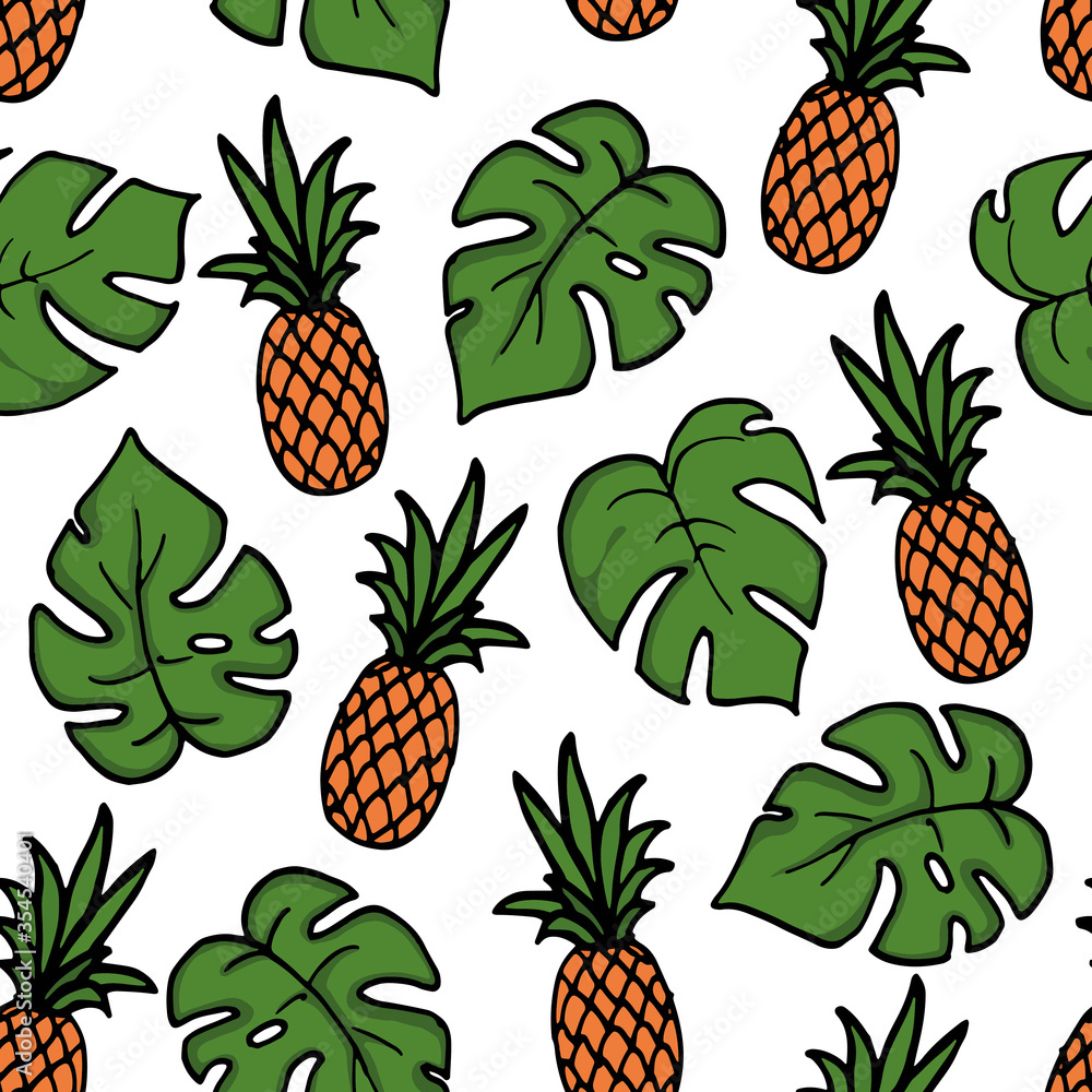 Seamless pattern with pineapple. Summer background. Hand drawn vector illustration. Trendt texture for print, packaging, wallpaper, textile. Seamless pattern with pineapple. Summer background. Hand drawn vector illustration. Trendt texture for print, packaging, wallpaper, textile.