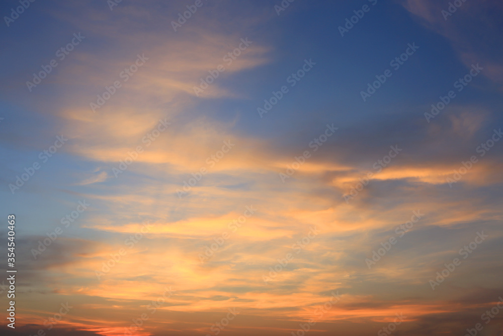 Abstract blue-orange clouds at sunset sky background. Panorama style background