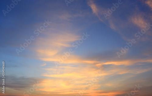 Abstract blue-orange clouds at sunset sky background. Panorama style background