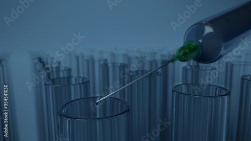 Rendu 3d d'une seringue déversant du liquide bleu dans un tube a essais