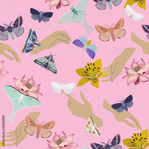 Large butterflies, moths, yellow lily flowers and pink roses on a beige and pink background. Human hands in a circle of leaves, inflorescences and insects. 