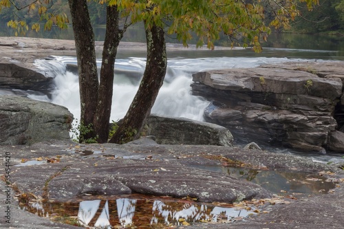 Trees surrounded by the Tygart Valley River at daylight in Valley Falls State Park, West Virginia photo