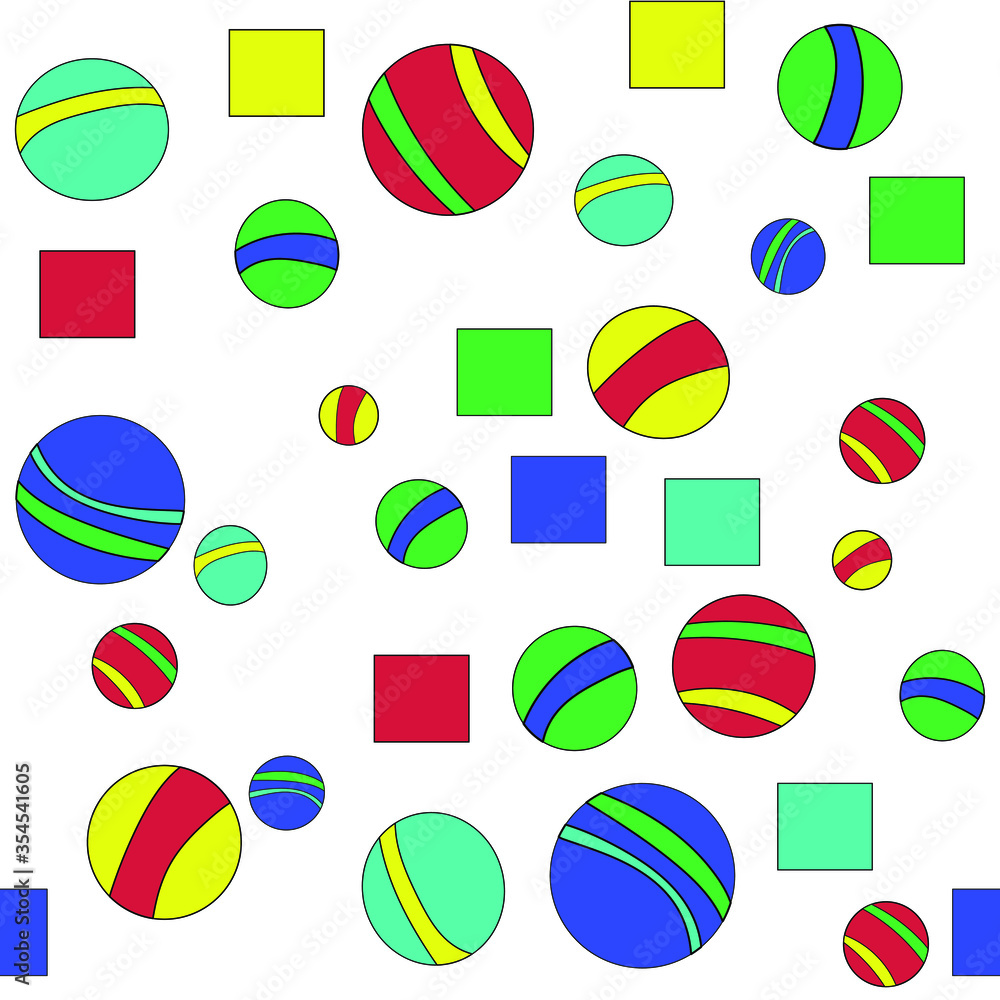 Colored children’s balls and cubes, background shapes from circles and squares of bright colors. For paper, cover, fabric, gift wrap, wall art, home decor. Simple vector surface pattern design Colored children’s balls and cubes, background shapes from circles and squares of bright colors. For paper, cover, fabric, gift wrap, wall art, home decor. Simple vector surface pattern design