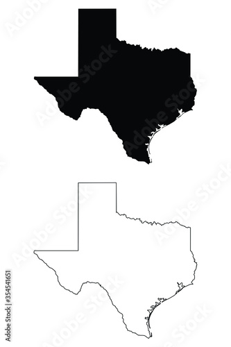 Texas TX state Map USA. Black silhouette and outline isolated maps on a white background. EPS Vector