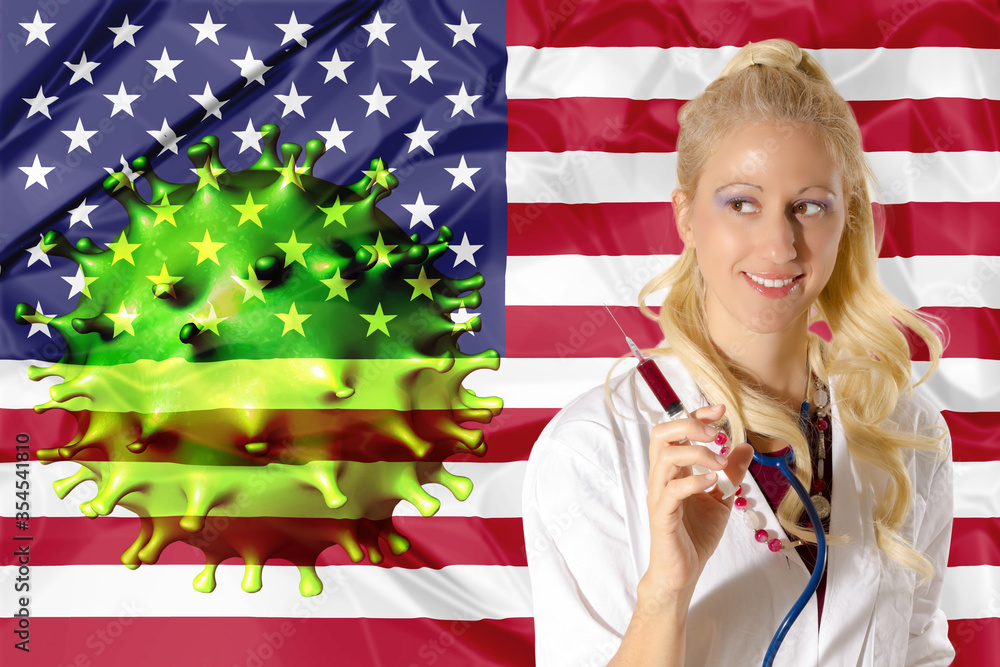 Φωτογραφία COVID-19 Conceptual: caucasian virologist doctor with stethoscope and blood syringe on American Flag background
