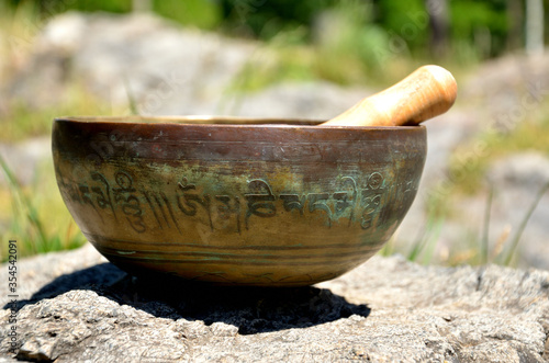 A tibetan singing bowl in a  natural environment