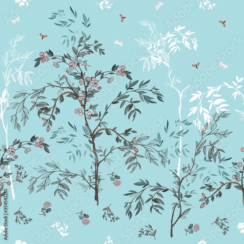 Graceful flowering garden trees in leaves, flowers and butterflies on a light blue, sky background. Seamless floral vector pattern. Square repeating design for fabric and wallpaper