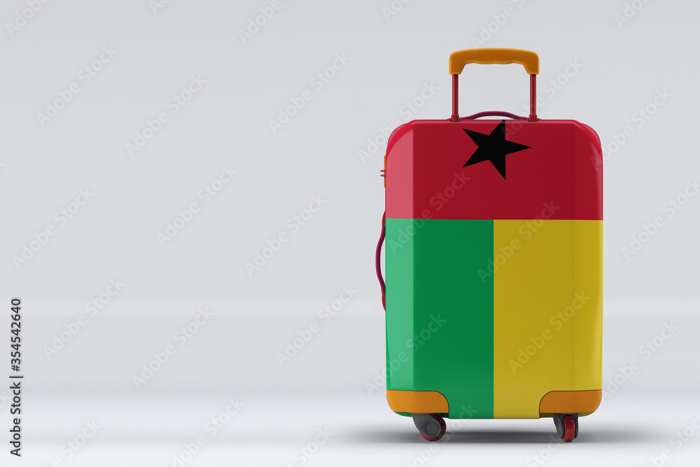 Guinea flag on a stylish suitcases back view on color background. Space for text. International travel and tourism concept. 3D rendering. Guinea flag on a stylish suitcases back view on color background. Space for text. International travel and tourism concept. 3D rendering.