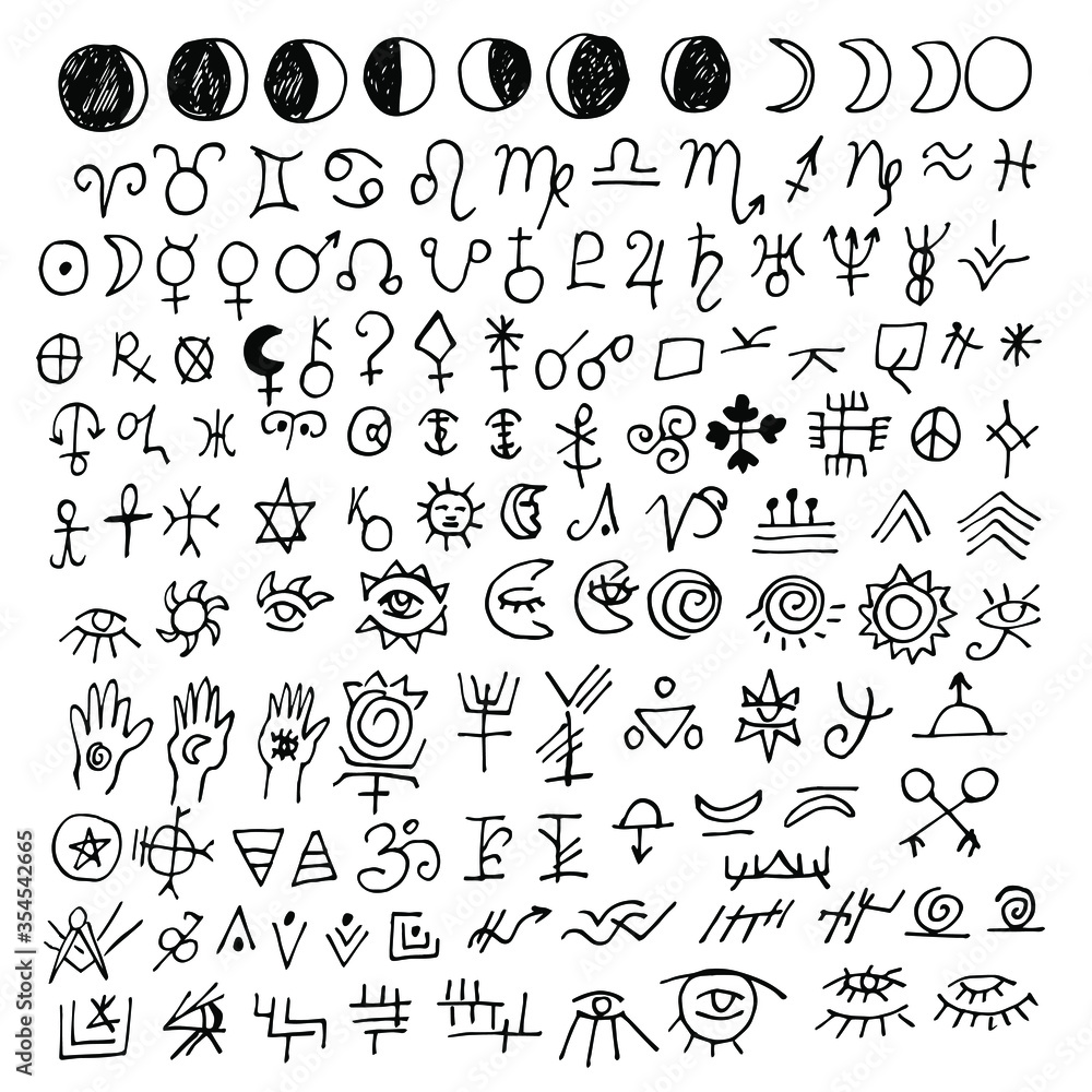 A large set of alchemical, astrological, and esoteric signs. Symbols of zodiac signs, planets, asteroids, and moon phases.  Vector black icons isolated on a white background. Sketch in Doodle Style.