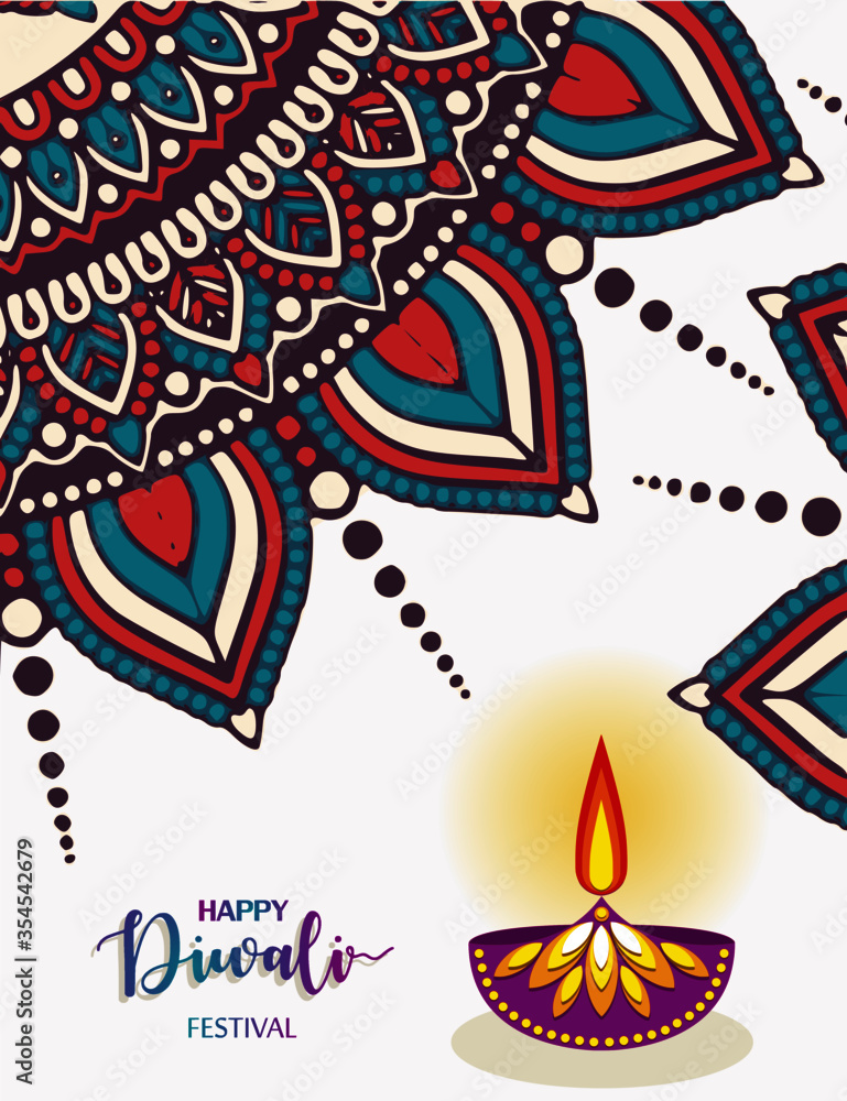 Happy Diwali greeting card with mandala and lamp color concept. India festival of lights holiday invitations template, banner, card, postcard. Vector illustration.