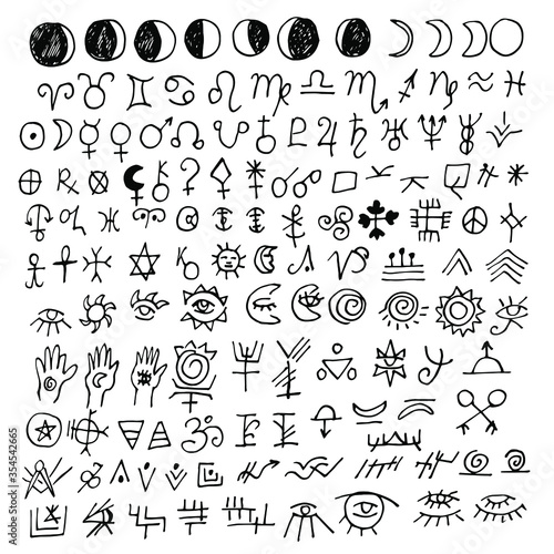 A large set of alchemical  astrological  and esoteric signs. Symbols of zodiac signs  planets  asteroids  and moon phases.  Vector black icons isolated on a white background. Sketch in Doodle Style.