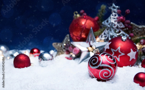 Merry Christmas and Happy New Year  Holidays greeting card with blurred bokeh background