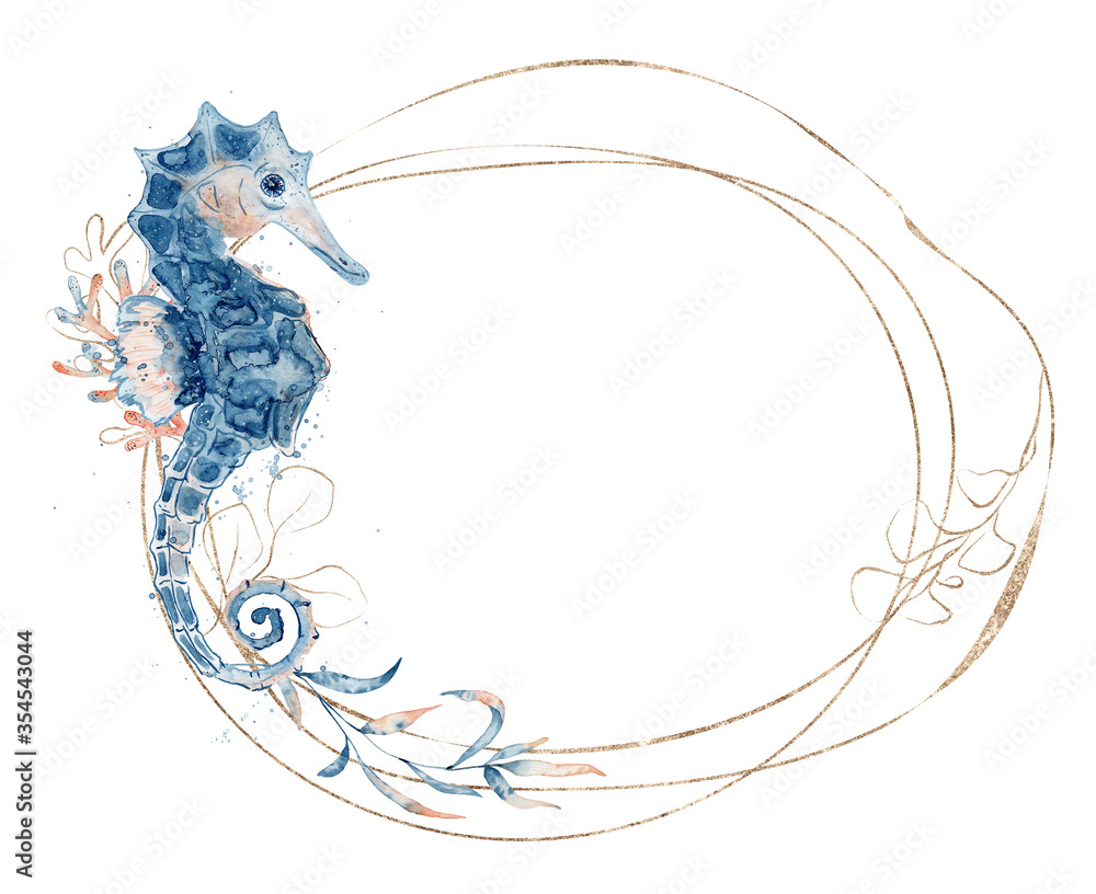 Wall Mural Watercolor golden frame with seahorse and floral hand drawn  illustration isolat