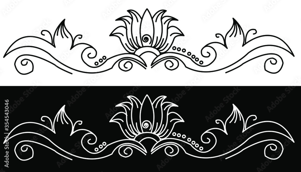 Naklejka premium Border design concept of lotus flower with leaves and spirals isolated on black and white background 
