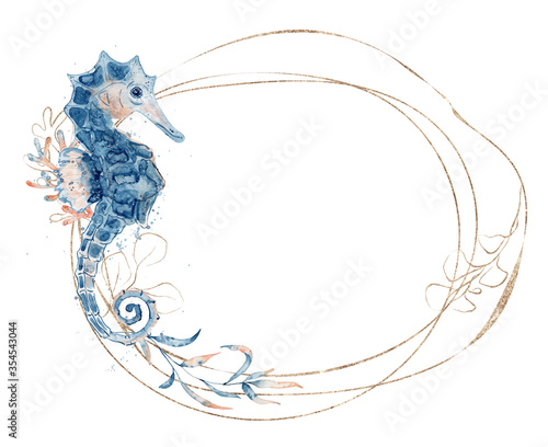 Watercolor golden frame with seahorse and floral hand drawn illustration isolated on white background