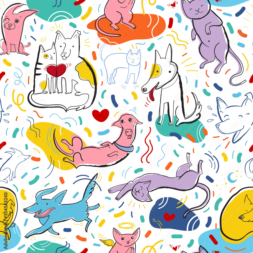 Seamless vector pattern with cute color cats and dogs in different poses and emotions