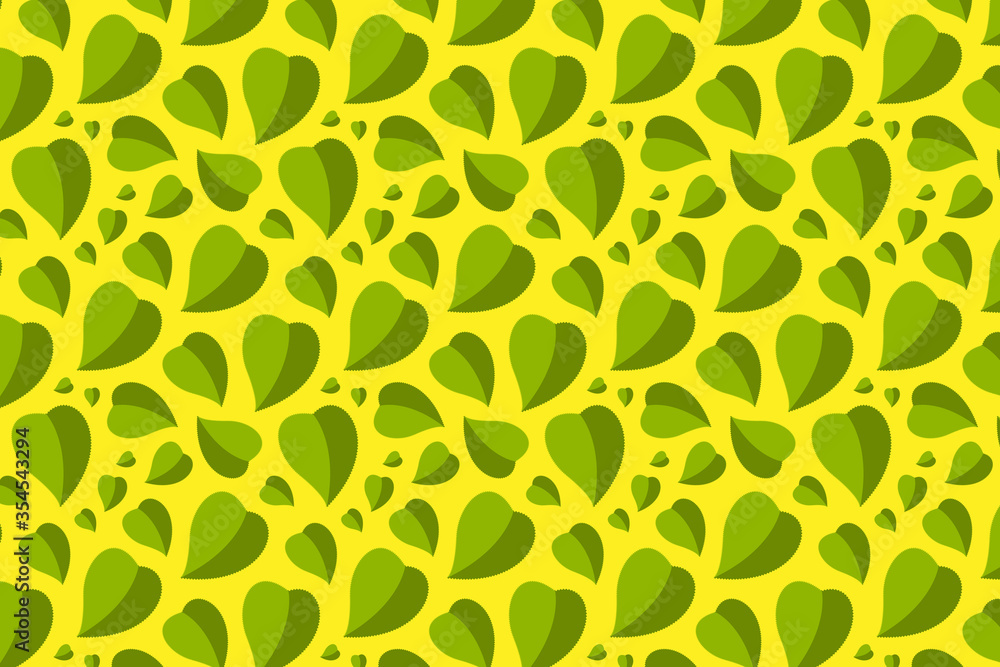 Leaf pattern on yellow. Green leaves background Leaf pattern on yellow. Green leaves background