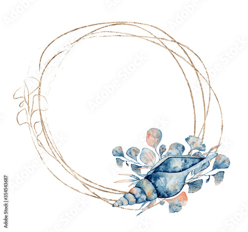 Watercolor golden frame with seashell and floral hand drawn illustration isolated on white background.