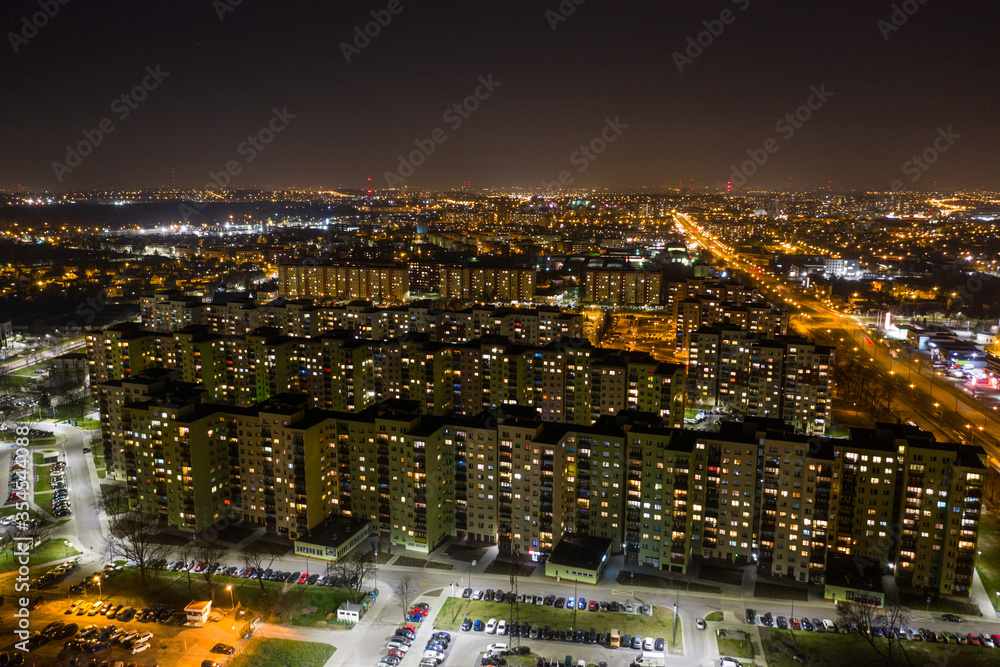 City at night, flats in night lights in Silesia, Poland