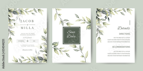 Wedding Invitation card template with green leaf watercolor  and branches