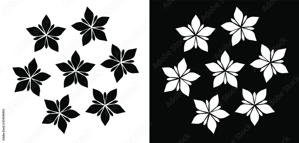 Floral stars set isolated on black and white background Floral stars set isolated on black and white background