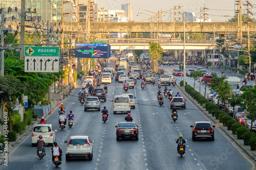 A stream of cars, Traffic jam in Bangkok, Largest city of Thailand.