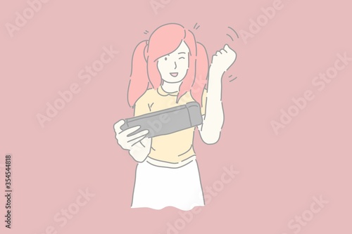 Pretty girl or woman holding game portable and gesture hand meaning to success or winning drawing character vector .