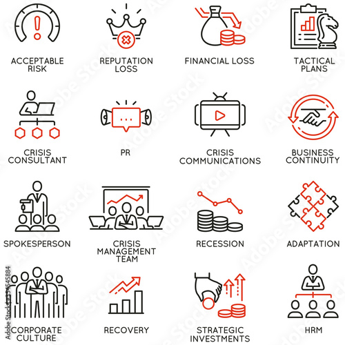 Vector Set of Linear Icons Related to Crisis Management, Recovery and Consolidation. Mono line pictograms and infographics design elements - part 2
